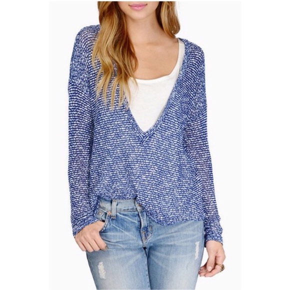 Sweaters - Blue/White Deep V-Neck Sweater
